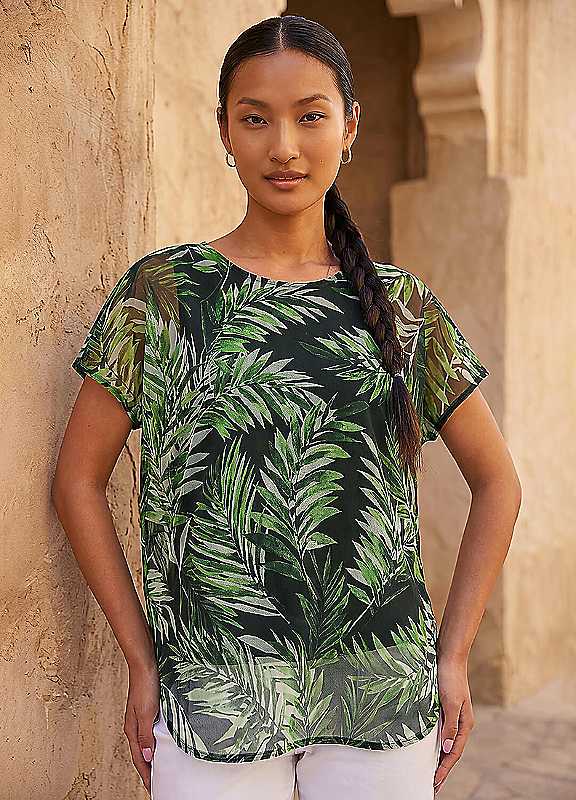 Roman Women's Green Palm Print Mesh Overlay Top In | Size: 10 - Image 4