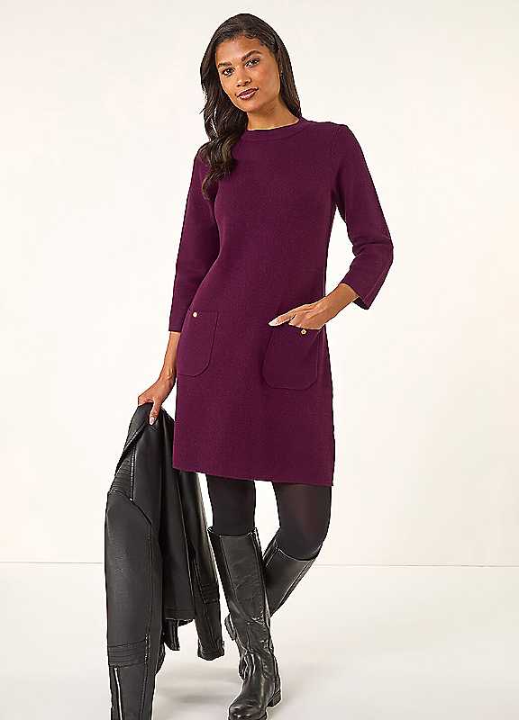 Roman Women Shift Dress with Pockets - Ladies Autumn Winter Tunic 3/4 Length Sleeve Knee Length Smart Casual Office Work Cocktail Party Round Neckline Comfy Soft - Image 5