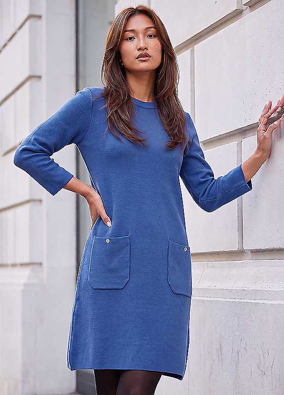 Roman Womens Patch Pocket Soft Knit Knee Length Dress, Blue, Size 18, Women - Image 3