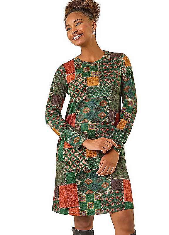 Roman Green Patchwork Print Button Swing Dress