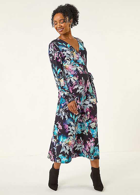 Roman Women's Navy Petite Abstract Stretch Midi Dress In | : Size 16 - Image 7