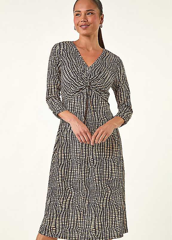 Roman Mocha Petite Abstract Twist Front Dress