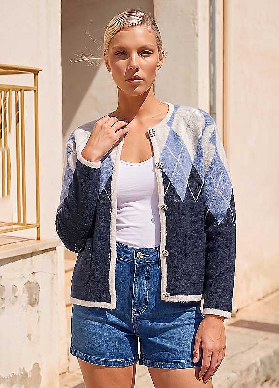 Roman Navy Petite Argyle Cardigan - Image 4