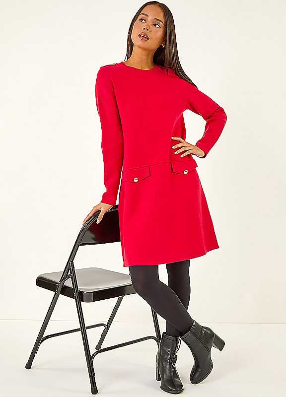 Roman Women's Red Petite Buttoned Knit Dress In | : Size 10 - Image 3