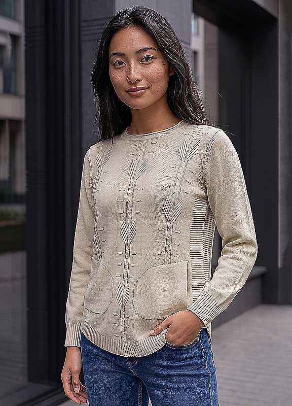 Roman Women's Stone Petite Cable Knit Pocket Jumper In | Size: 16 - Image 4