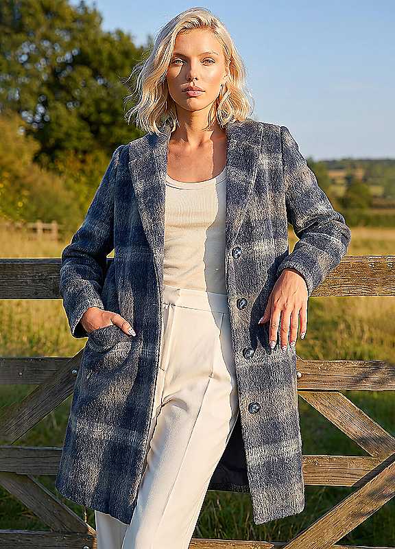 Roman Women's Navy Petite Check Coat In | : Size 16 - Image 6