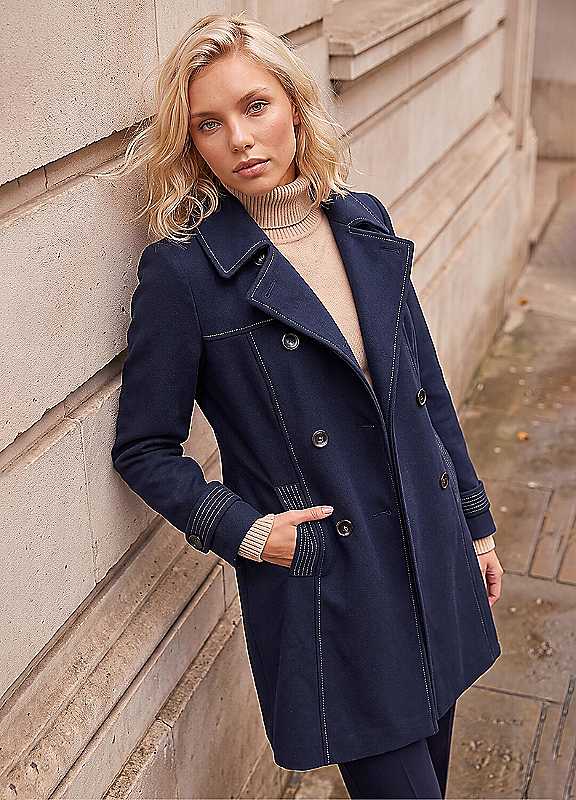 Roman Petite Contrast Double Breasted Coat, Navy, Size 8, Women - Image 7