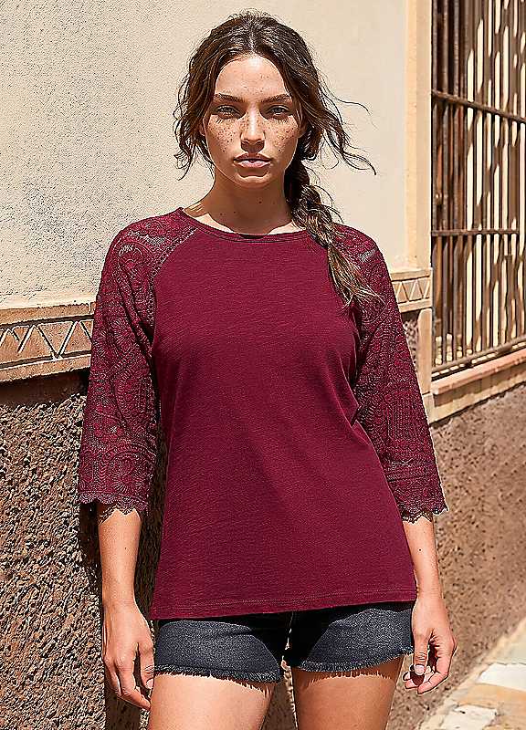 Roman Women's Petite Contrast Sleeve Top in Wine | Size: 14 - Image 4