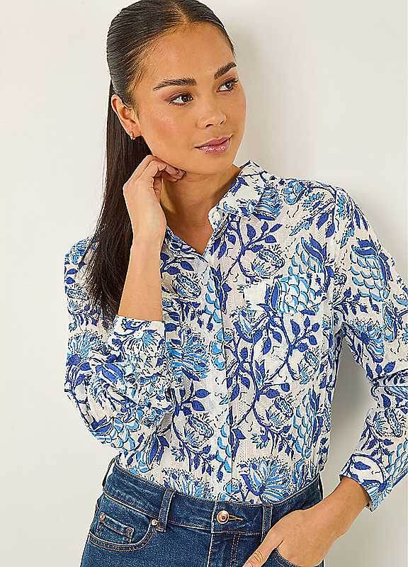 Roman Petite Women's Blue Floral Embroidered Blouse Size 18 - Image 4