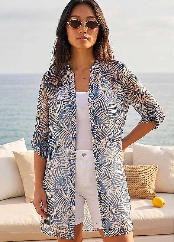 Roman Women's Blue Petite Leaf Print Longline Shirt In | : Size 12 - Image 3