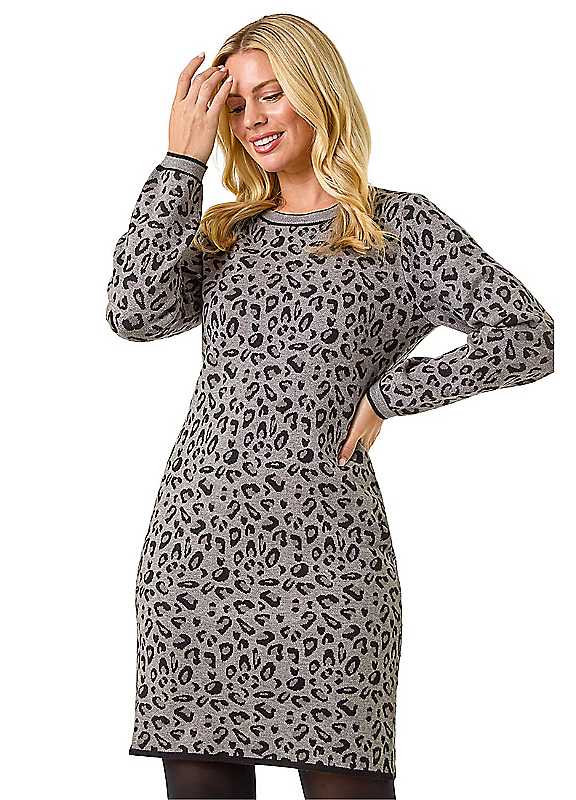 Roman Grey Petite Leopard Knit Mini Dress
