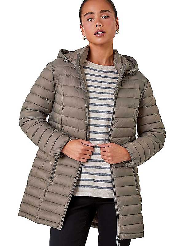 Roman Women's Taupe Petite Metallic Finish Quilted Puffer Coat In | Size: 16 - Image 3