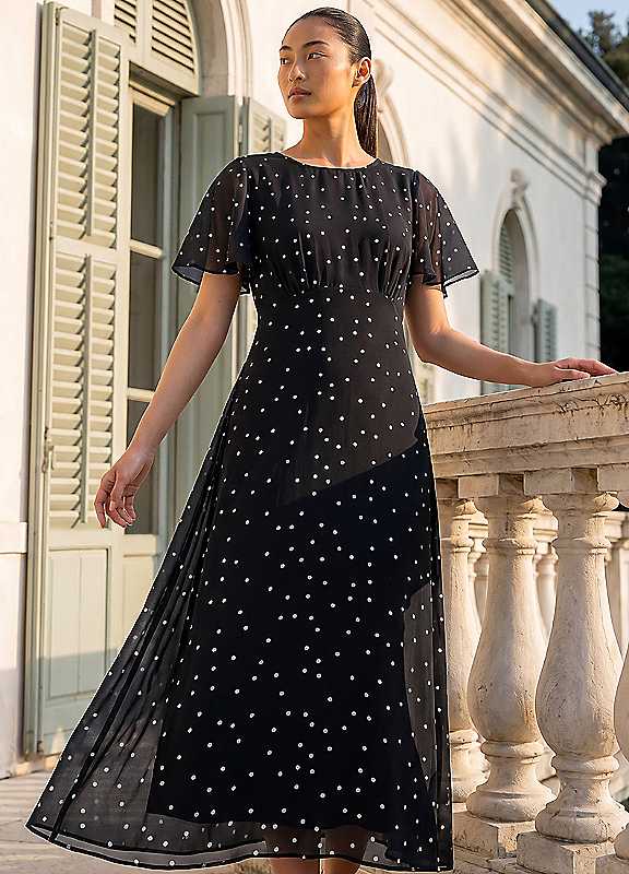 Roman Women's Black Petite Spot Dot Chiffon Dress In | Size: 8 - Image 4