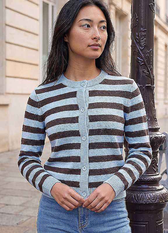 Roman Women's Chocolate Petite Stripe Buttoned Cardigan In Size 16 - Image 8