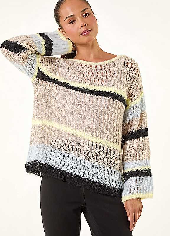 Roman Women's Stone Petite Stripe Open Knitted Jumper In | Size: 18 - Image 2