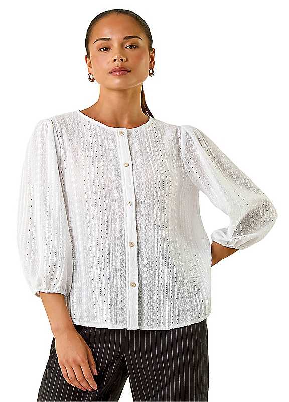 Roman Women's White Petite Textured Buttoned Blouse In | Size: 16 - Image 2