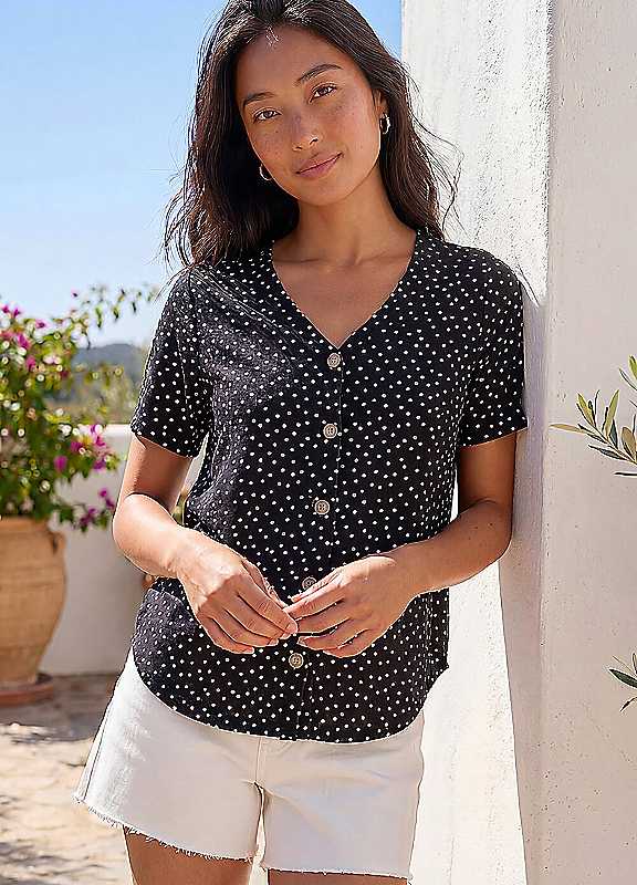 Roman Petite Women's Black V-Neck Buttoned Blouse Size 14 - Image 5