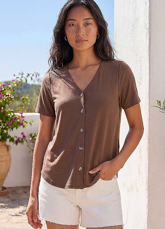 Roman Women's Chocolate Petite V-Neck Buttoned Blouse In | Size: 14 - Image 3
