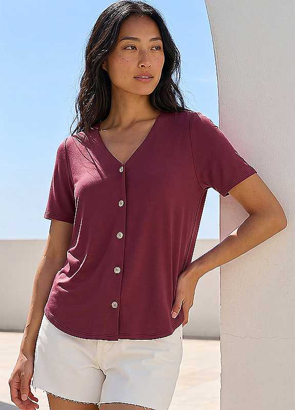 Roman Petite Women's Wine V-Neck Buttoned Blouse Size 18 - Image 4