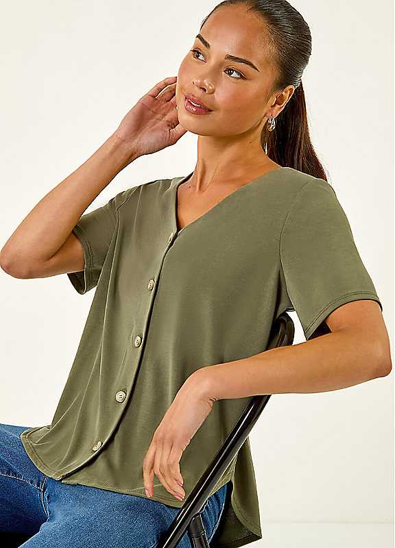 Roman Petite Women's Khaki V-Neck Buttoned Blouse Size 10 - Image 2