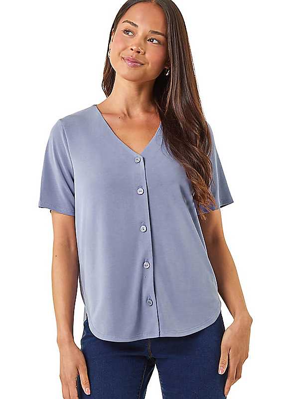 Roman Women's Blue Petite V-Neck Buttoned Blouse In | Size: 10 - Image 5