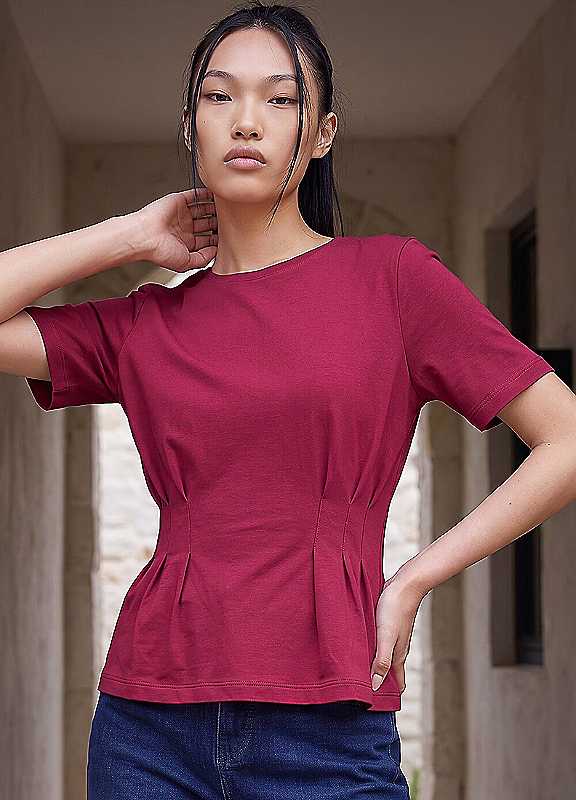 Dusk Women's Wine Pintuck Stretch T-Shirt In | Size: 12 - Image 5