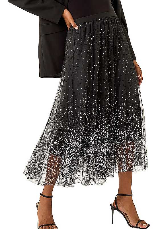 Roman Black Polka Dot Print Elasticated Mesh Skirt
