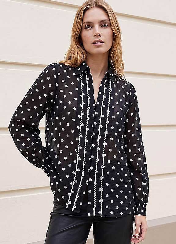 Roman Women's Black Polka Dot Print Trim Shirt In Size 14 - Image 2