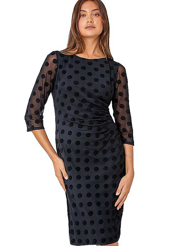 Roman Women's Black Polka Dot Ruched Stretch Dress In | : Size 20 - Image 2
