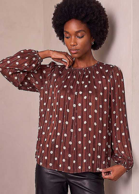 Roman Women's Chocolate Polka Dot Satin Pleated Top In | : Size 14 - Image 3