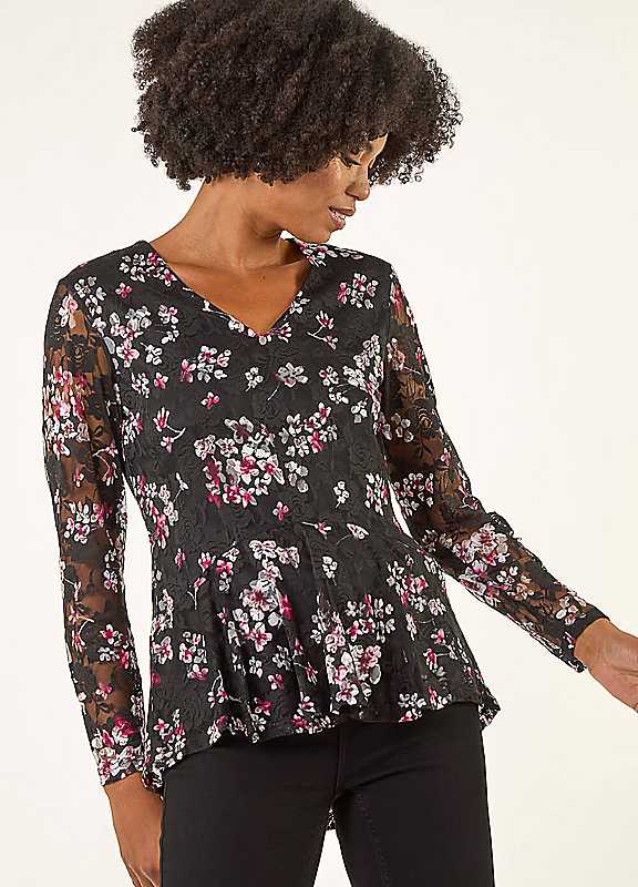 Roman Women's Black Printed Mesh V-Neck Top In | Size: 20 - Image 7