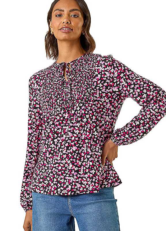 Roman Pink Printed Shirred Tie Neck Top