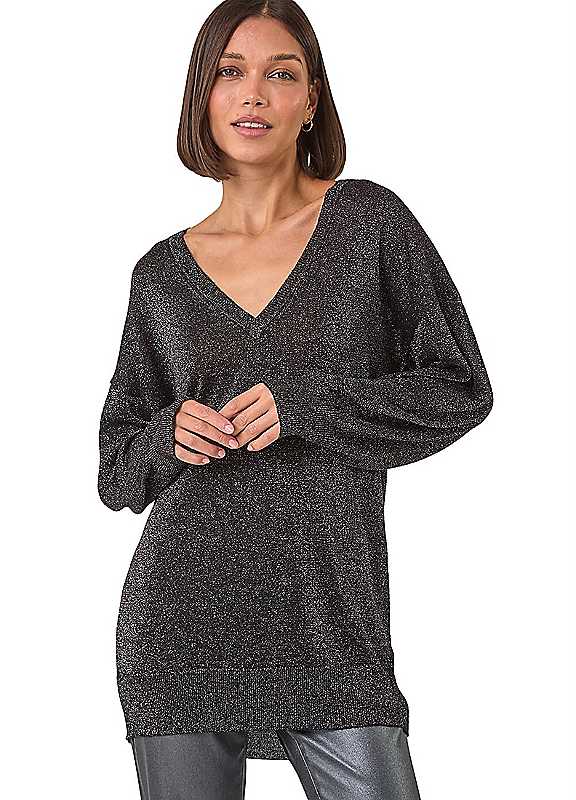 Roman Relaxed Stretch Shimmer V-neck Jumper, Black, Size 18, Women - Image 6