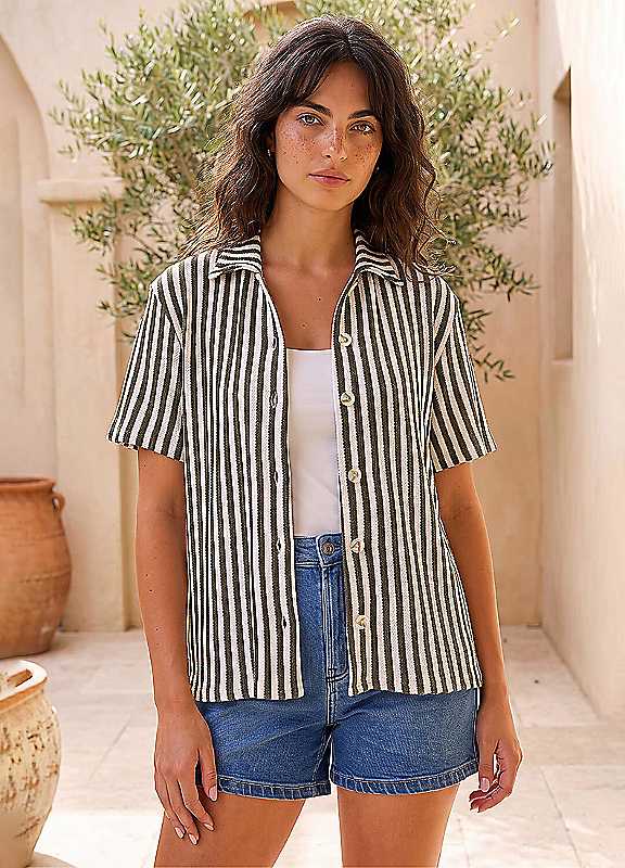 Dusk Women's Relaxed Stripe Shirt in Olive | Size: 18 - Image 6