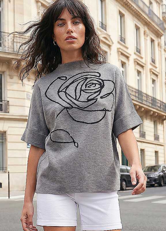 Roman Women's Grey Rose High Neck Knit Jumper In Small - Image 2
