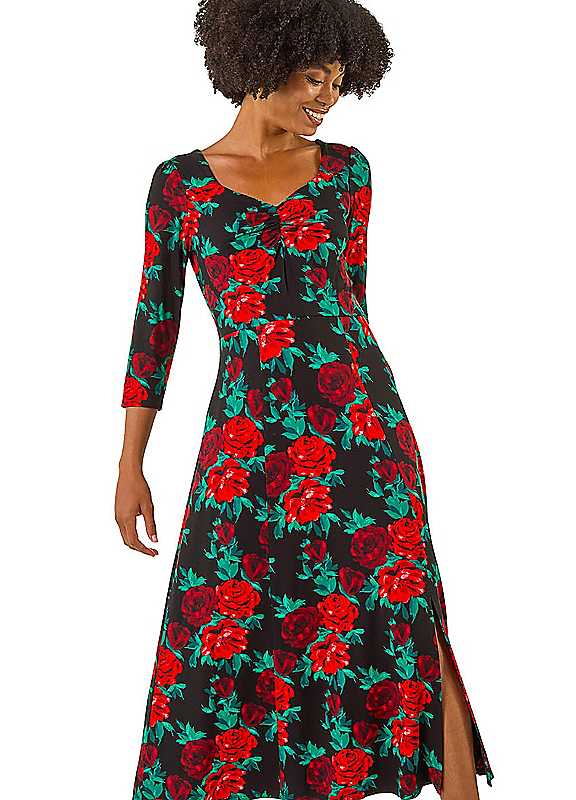 Roman Red Rose Ruched Midi Dress