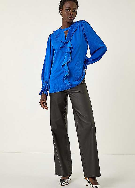 Roman Women's Royal Ruffle Front Keyhole Satin Top In | Size: 16 - Image 5