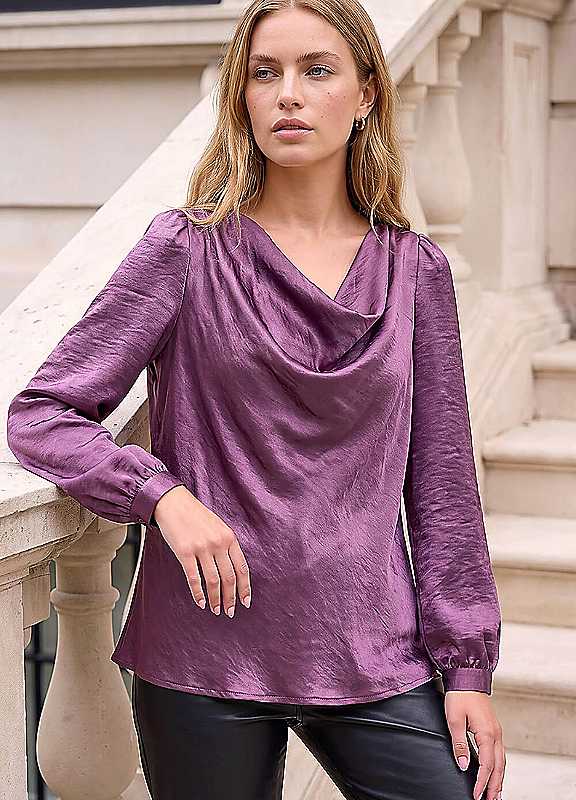 Roman Women's Purple Satin Cowl Neck Top In | Size: 12 - Image 2