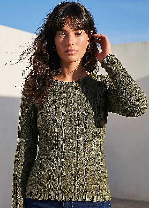 Roman Women's Khaki Scallop Trim Cable Knit Jumper In Size 10 - Image 3