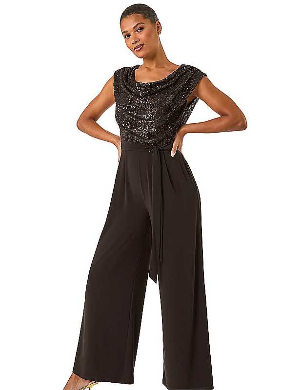 Roman Women's Chocolate Sequin Bodice Cowl Neck Jumpsuit In | : Size 20 - Image 3