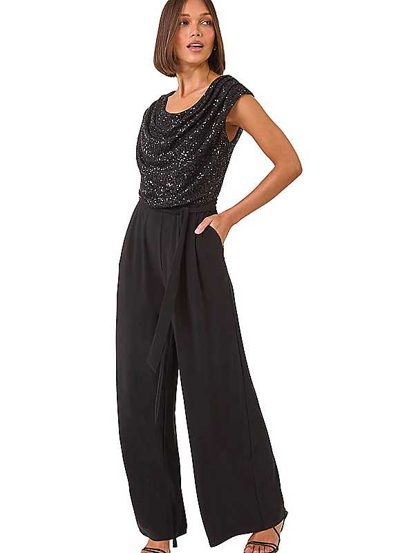 Roman Women's Black Sequin Bodice Cowl Neck Jumpsuit Size 14 - Image 3
