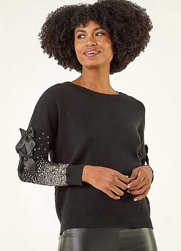 Roman Women's Black Sequin Bow Sleeve Knit Jumper In | Size: Small/Medium - Image 3