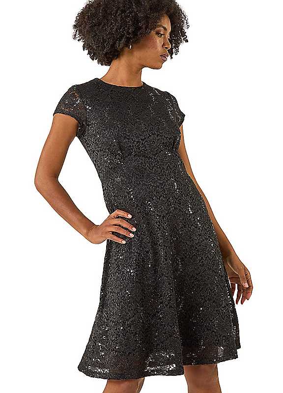Roman Women's Sequin Fluted Hem Lace Stretch Dress in Black | Size: 10 - Image 2