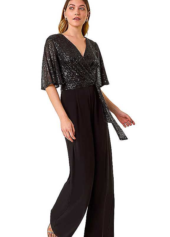 Roman Women's Black Sequin Flutter Sleeve Stretch Jumpsuit In | : Size 14 - Image 2