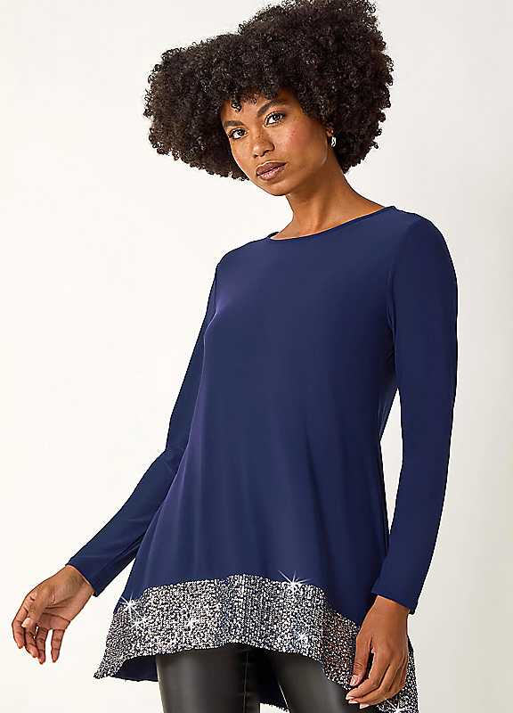 Roman Women's Navy Sequin Hem Tunic Stretch Top In Size 10 - Image 6