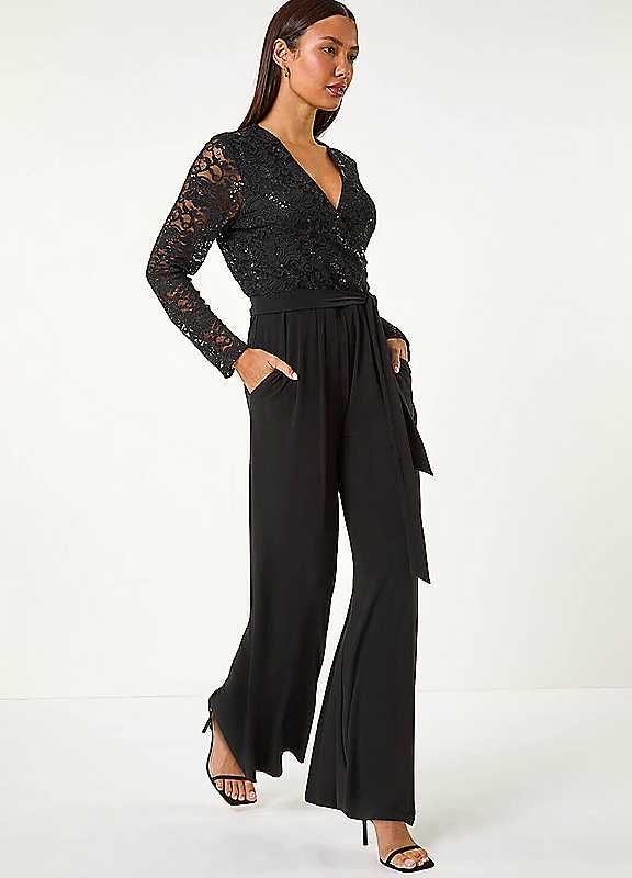 Roman Sequin Lace V-neck Stretch Jumpsuit, Black, Size 18, Women - Image 4