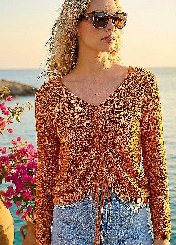 Roman Women's Orange Sequin Tie Front Knitted Top Size 18 - Image 2