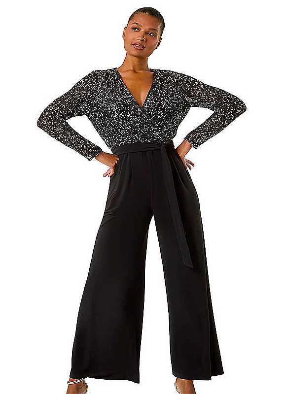 Roman Women's Black Sequin Wrap V-Neck Stretch Jumpsuit In Size 14 - Image 3