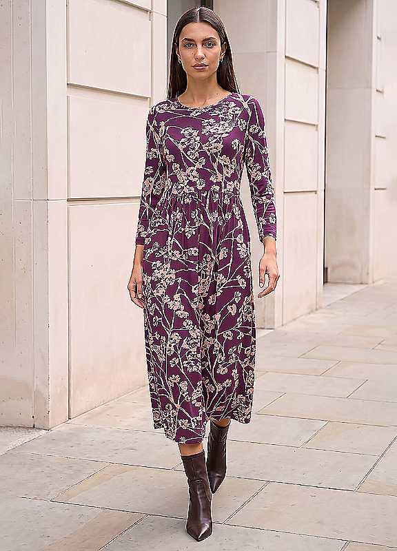 Roman Women's Purple Shadow Floral Print Stretch Midi Dress - Image 2