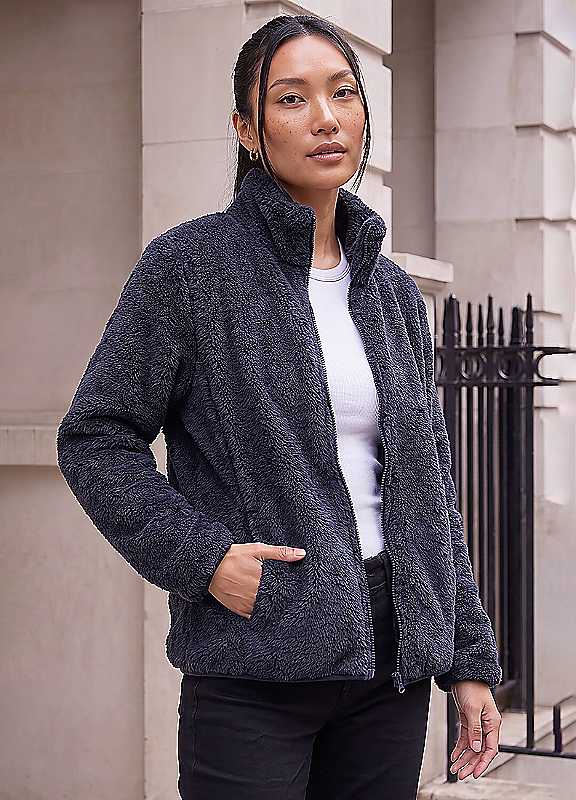 Roman Womens High Neck Zip Sherpa Fleece Jacket, Navy, Size M, Women - Image 4